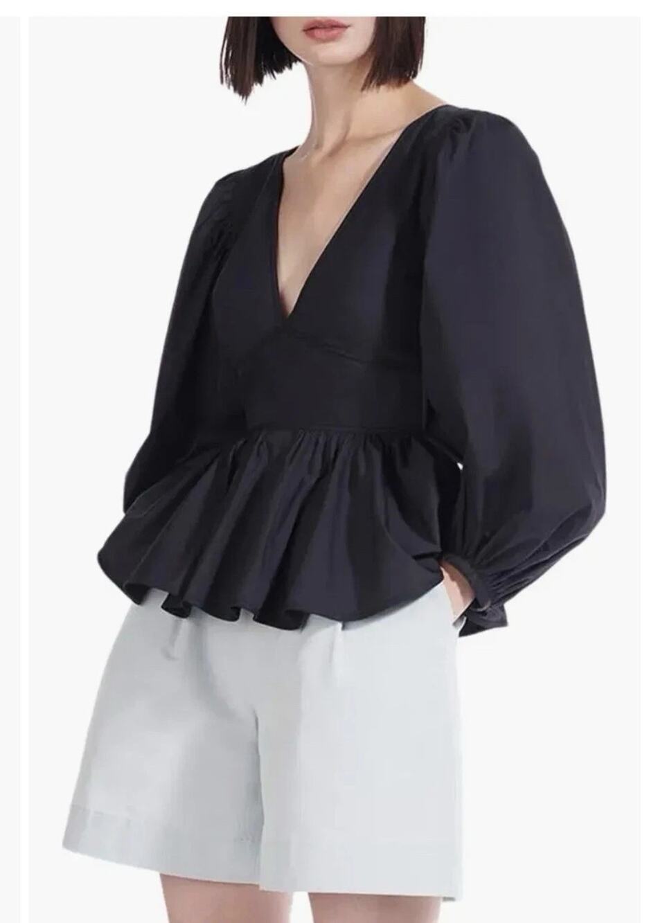STAUD Luna Black Poplin Peplum Top 4 Puff Sleeve V-Neck Open Back Blouse NWT